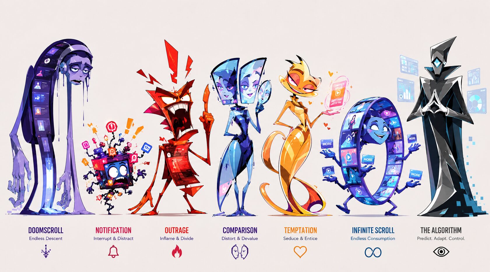 The full cast of Digital Chaos Gremlins: Doomscroll (Endless Descent), Notification (Interrupt and Distract), Outrage (Inflame and Divide), Comparison (Distort and Devalue), Temptation (Seduce and Entice), Infinite Scroll (Endless Consumption), and the Algorithm (Predict, Adapt, Control), each labeled with its behavior.