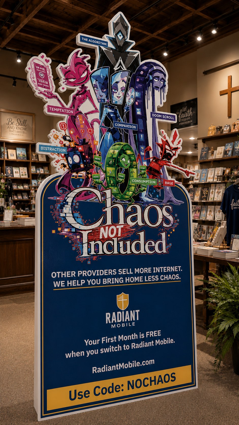 Church Affiliate Display: a Chaos Not Included display designed for church lobbies and ministry partners, inviting families into a conversation about intentional technology and introducing Radiant Mobile.