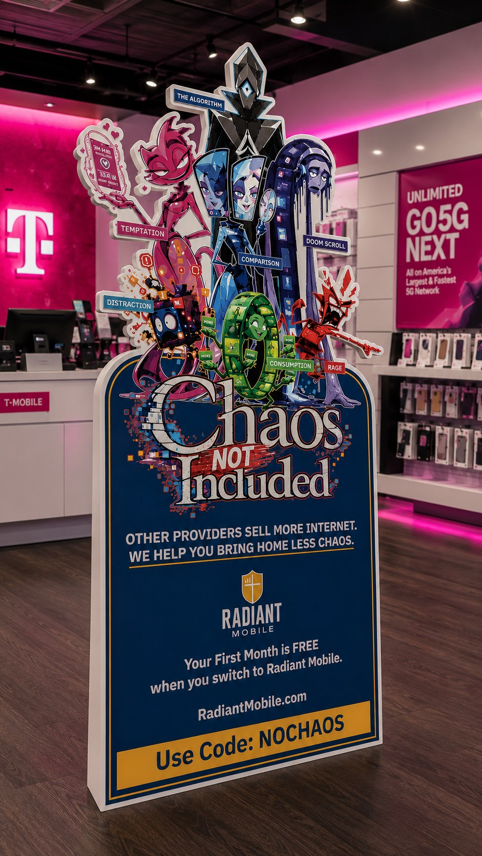 Carrier Retail Display: a Chaos Not Included installation inside a traditional wireless store, its cast of Chaos Gremlins reframing the purchase around the environment a phone creates in the home.