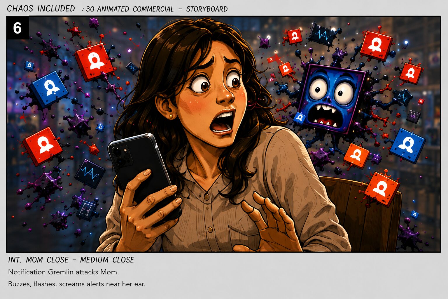 Chaos Not Included storyboard, frame 6 of 12