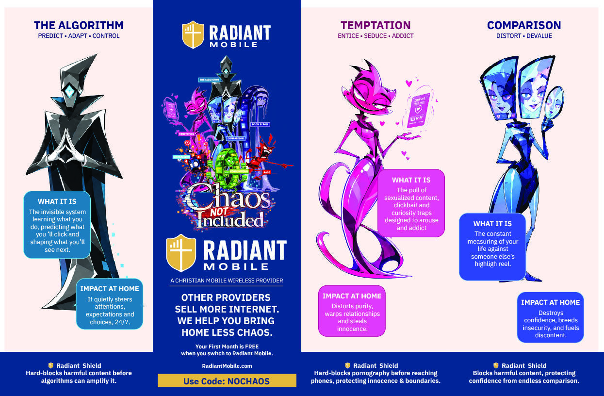 Chaos Not Included brochure, outside cover: the campaign wordmark with Radiant Mobile positioned as the carrier keeping digital chaos out of the home.