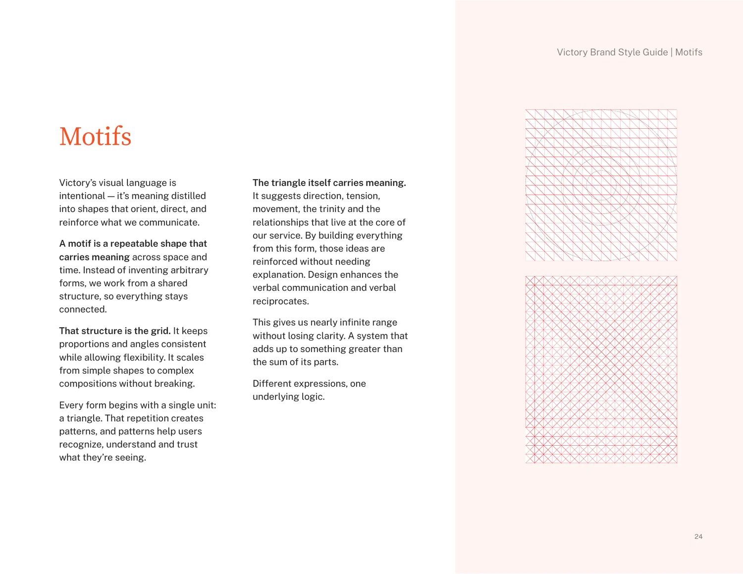 Victory Brand Style Guide, Motifs, page 24: the shared 16 by 16 grid and the diagonal structure every motif is built on