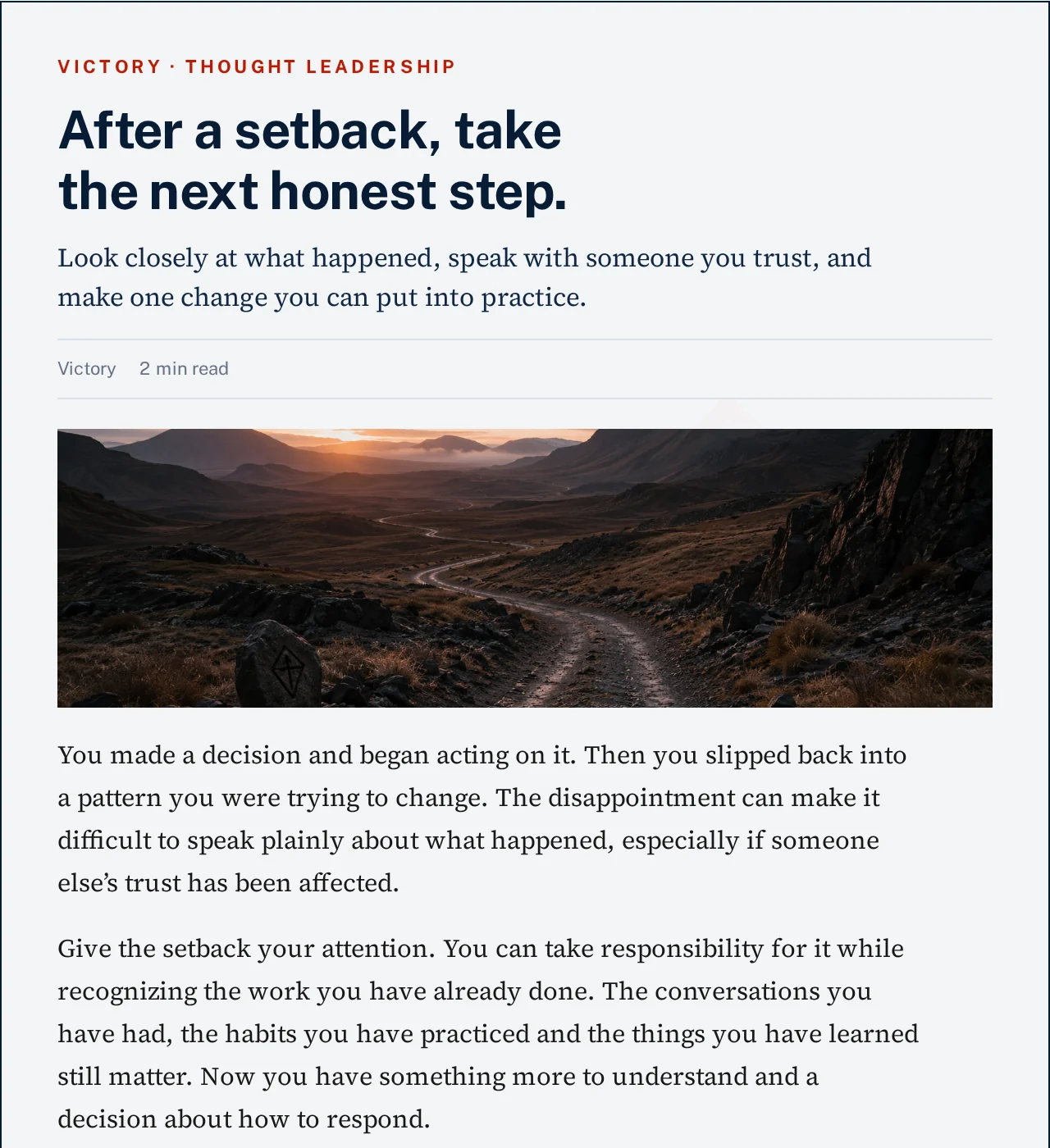 Blog article: the next honest step after a setback, as the internal Studio renders the authored record