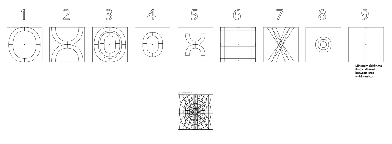 Construction studies for the Open Sans icon system: letterform anatomy, extracted segments, proportion grid and recombination into finished icons