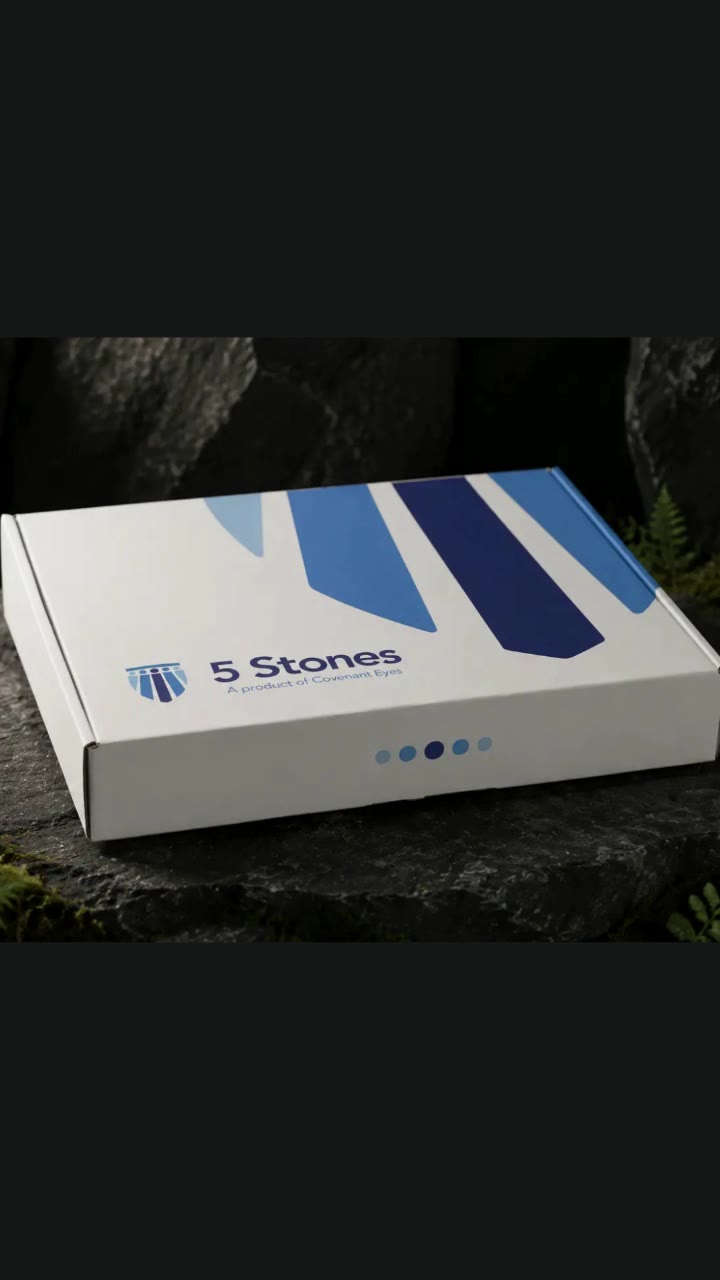 The 5 Stones kit, a white box with the five-stripe mark, on a rock.