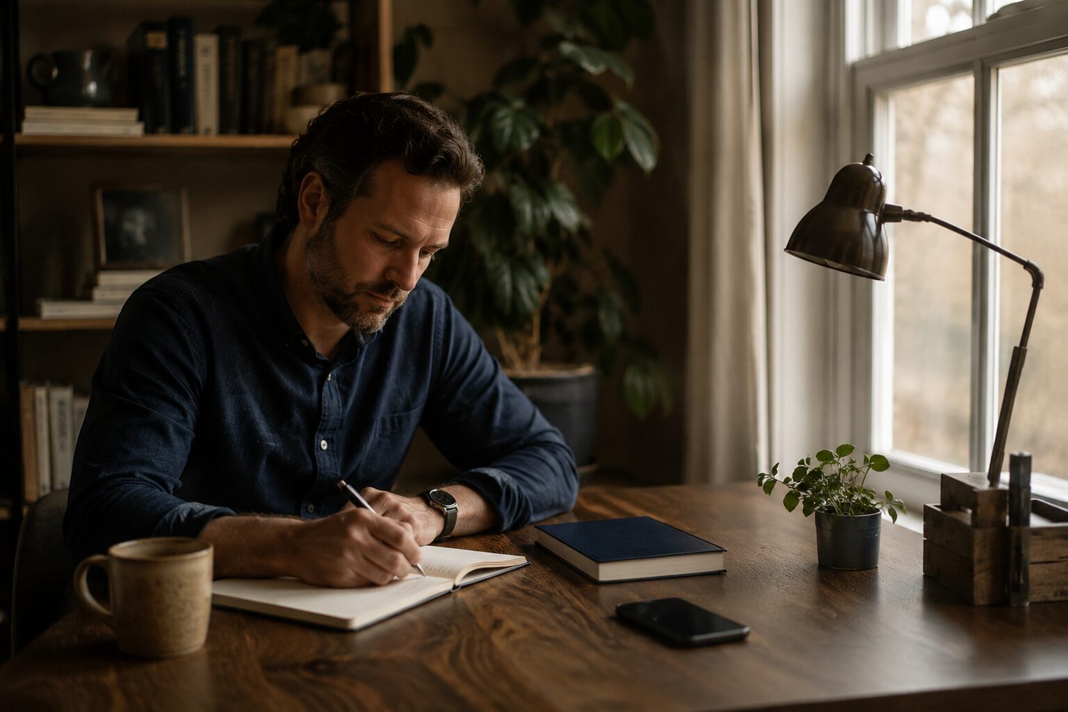 An adult reading and writing at home, phone set aside