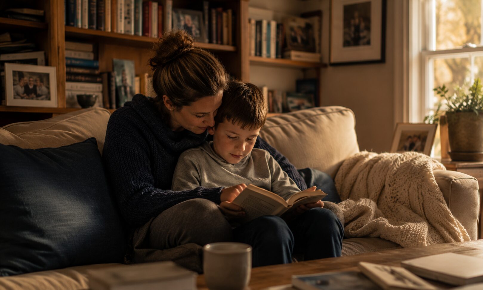 A parent and child reading together at home