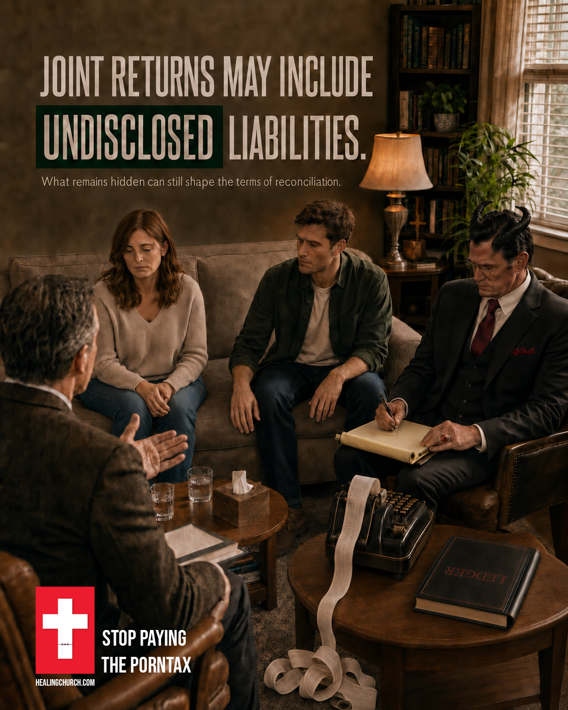 Porn Tax campaign ad set in a marriage counseling session, headline Joint returns may include undisclosed liabilities.