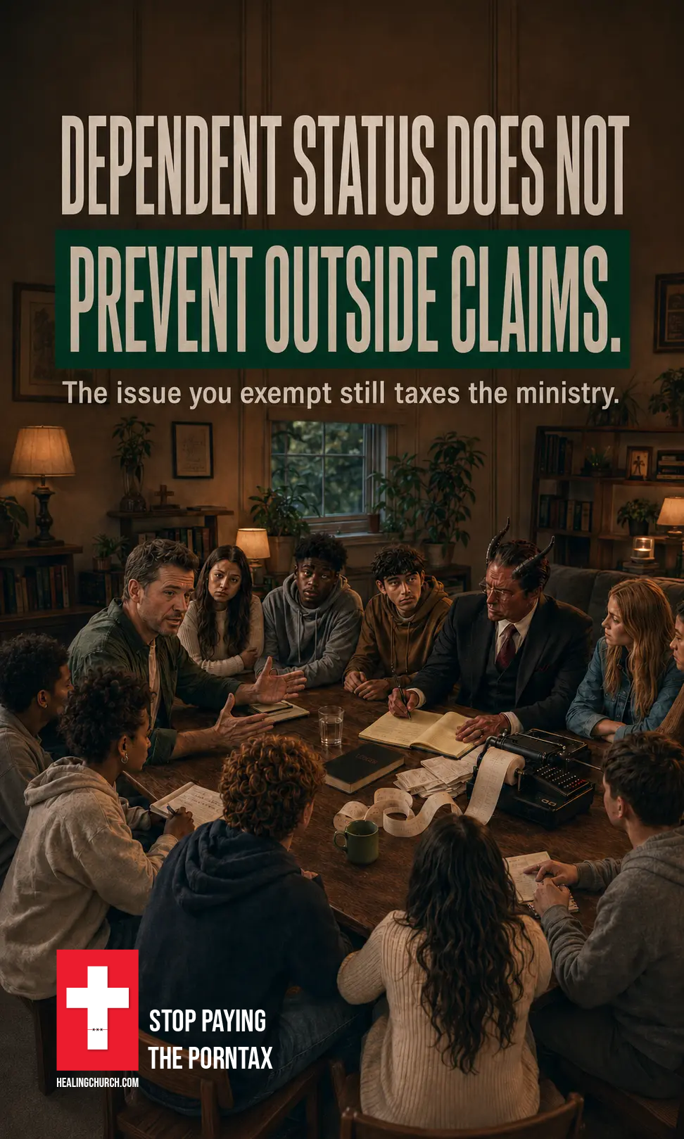 Porn Tax campaign ad for a youth ministry group, headline Dependent status does not prevent outside claims.