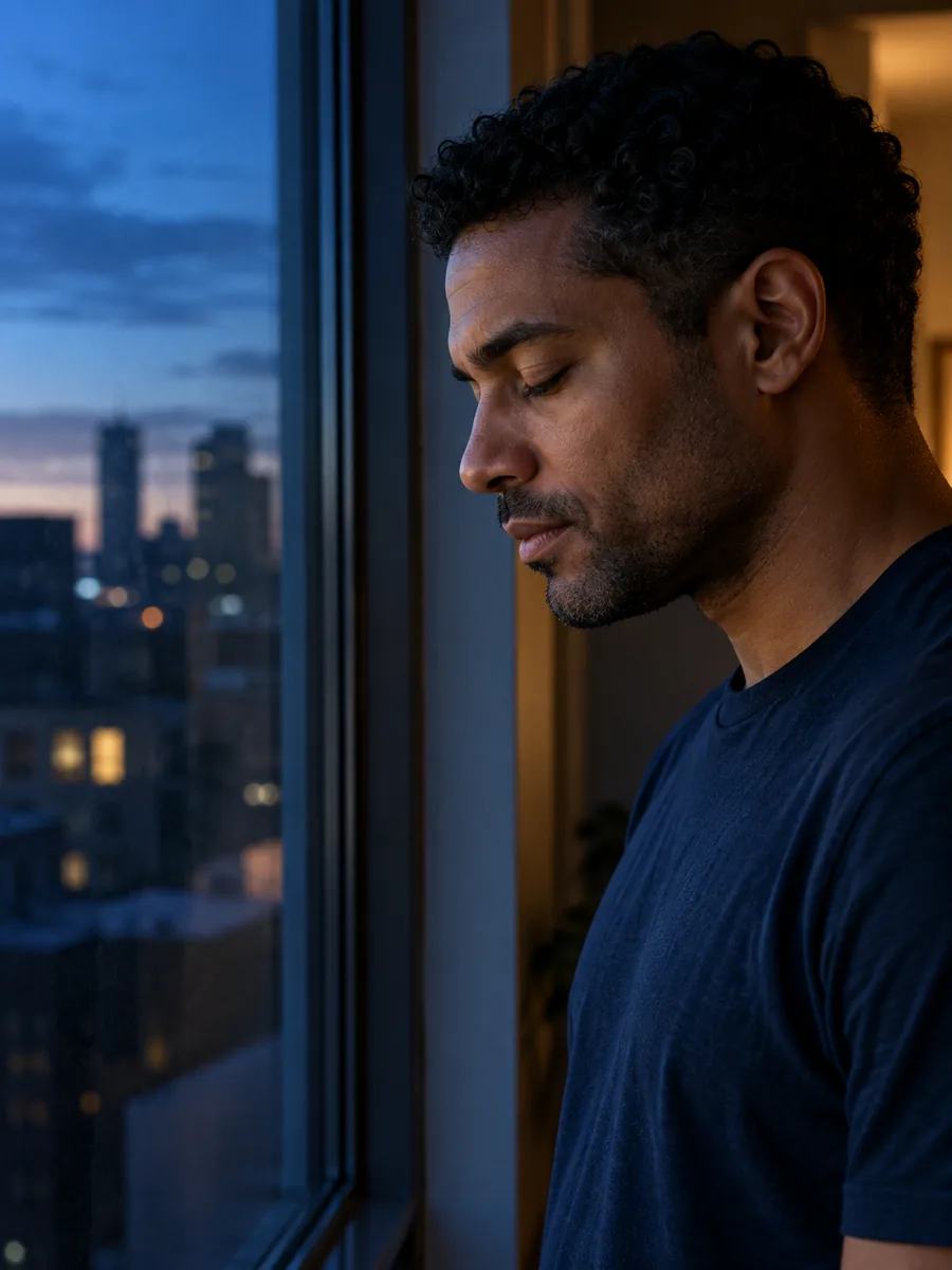 A man standing quietly at a window at dusk, eyes lowered, city lights behind him.