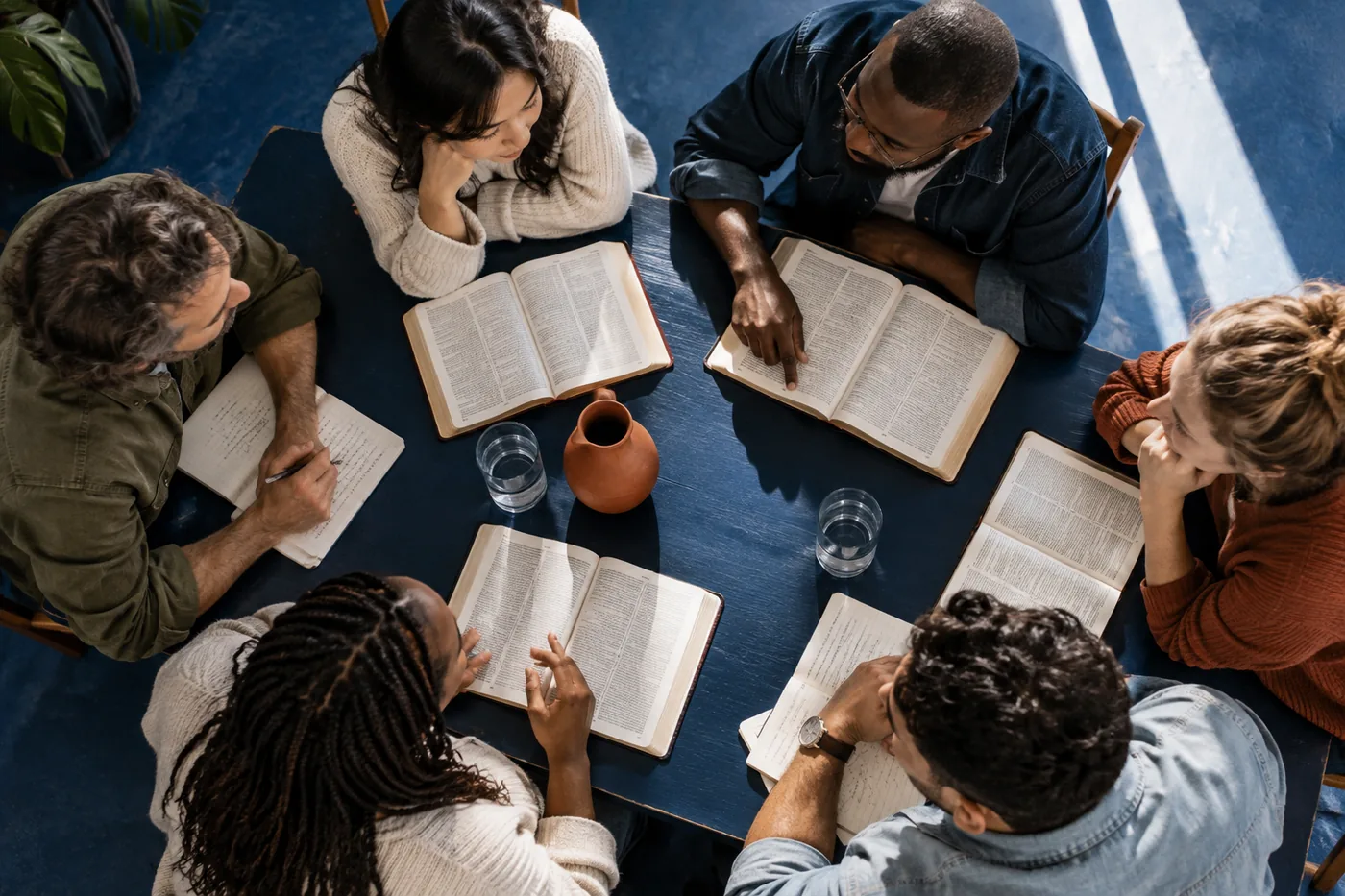 Six people seated around a dark blue table seen from above, open Bibles and notebooks in front of them.