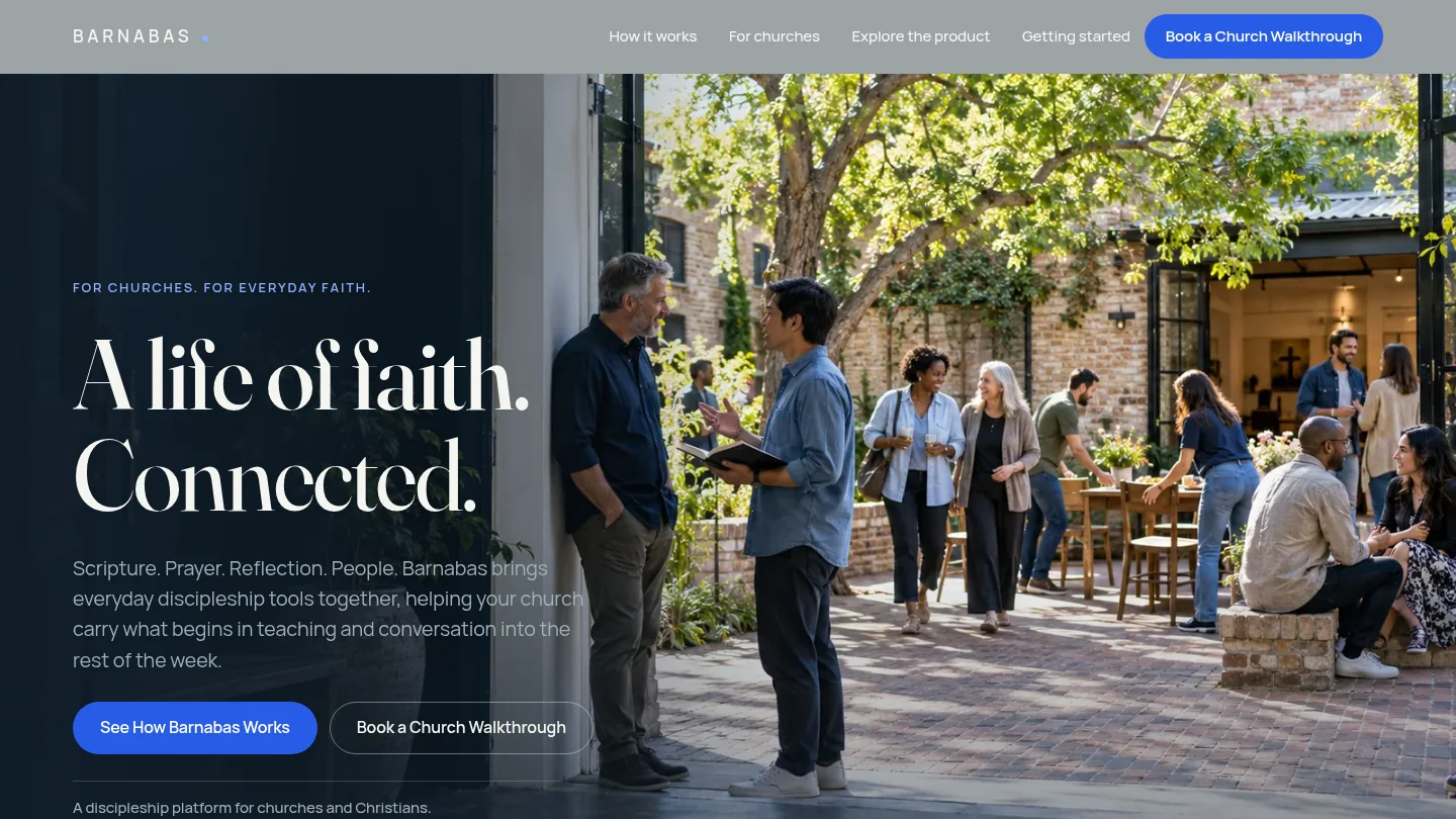 The Barnabas homepage: the headline &ldquo;A life of faith. Connected.&rdquo; over a photograph of two men talking in a church doorway while people gather in a sunlit courtyard.