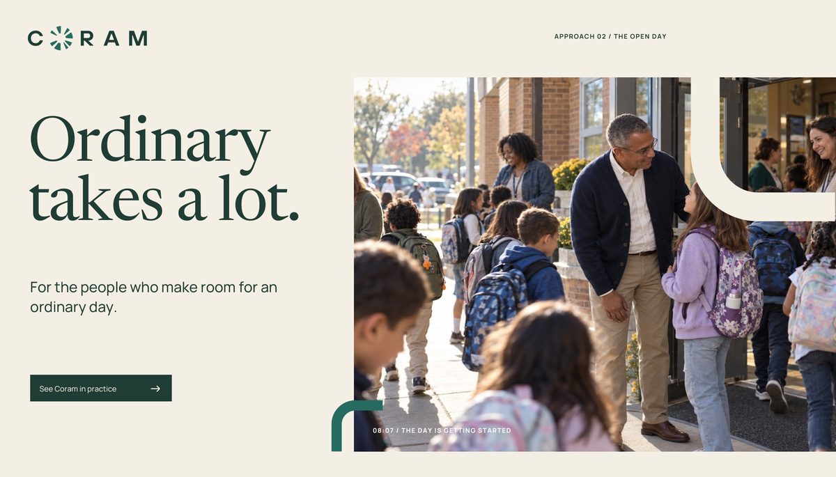 The Open Day campaign composition: Ordinary takes a lot. For the people who make room for an ordinary day. A principal greets children at a busy school arrival beside an open-corner motif. Generated photography.