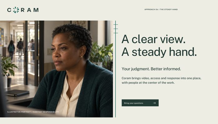 The Steady Hand campaign composition: A clear view. A steady hand. Your judgment. Better informed. A front-office operator at her screen beside open bearings and small index marks.