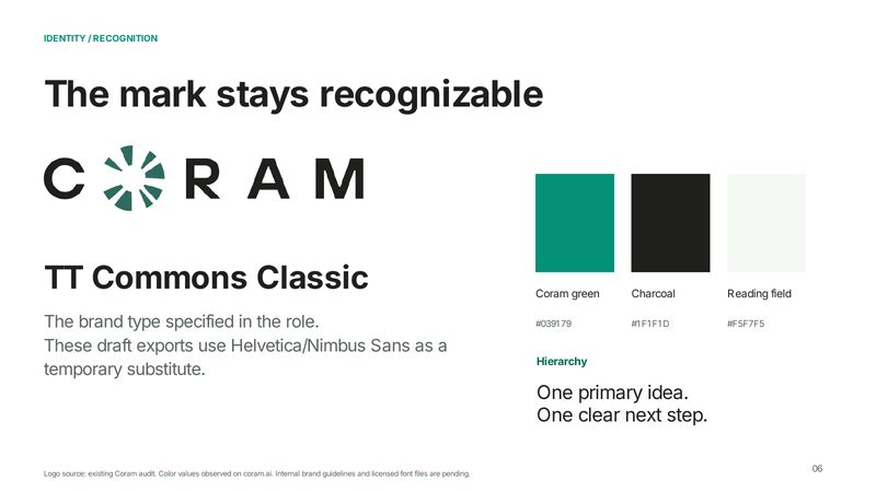 Brand system page 6: The mark stays recognisable. The wordmark, TT Commons Classic and three observed colours.