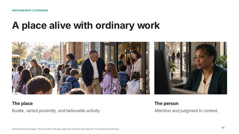 Brand system page 8: A place alive with ordinary work. The place and the person.