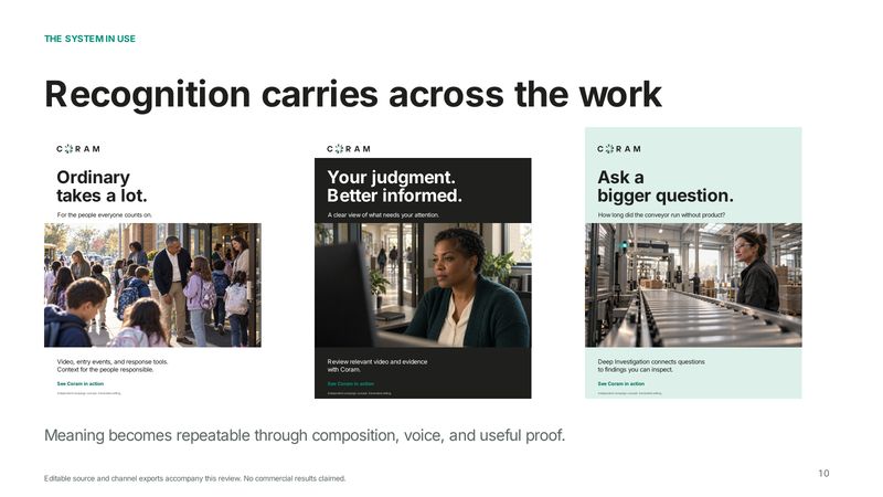 Brand system page 10: Recognition carries across the work. Three static ads side by side.