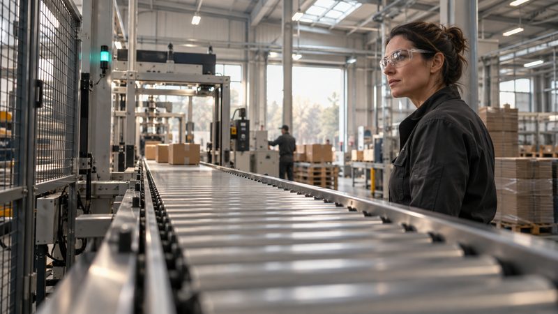 A production manager beside an idle conveyor. Generated photography.