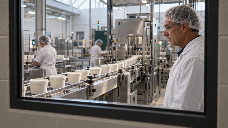 A production supervisor beside a food-production line. Generated photography.
