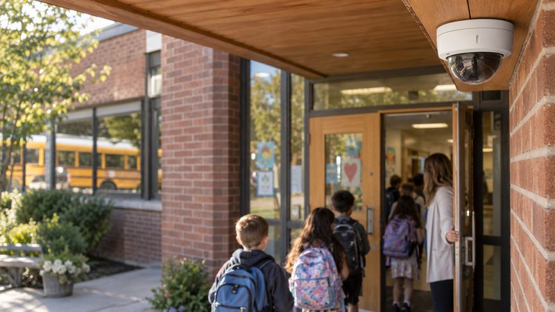 A school entrance with a dome camera above the door. Generated photography.