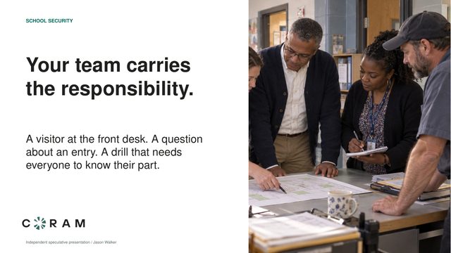Slide 2: Your team carries the responsibility. A visitor at the front desk. A question about an entry. A drill that needs everyone to know their part.