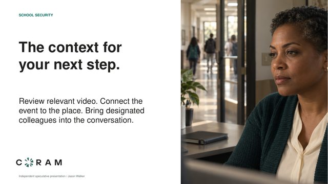 Slide 3: The context for your next step. Review relevant video. Connect the event to the place. Bring designated colleagues into the conversation.