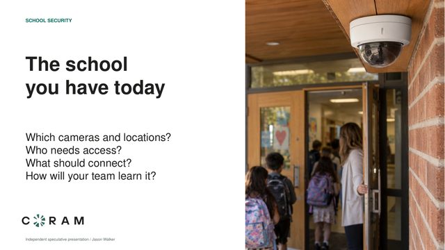 Slide 5: The school you have today. Which cameras and locations? Who needs access? What should connect? How will your team learn it?