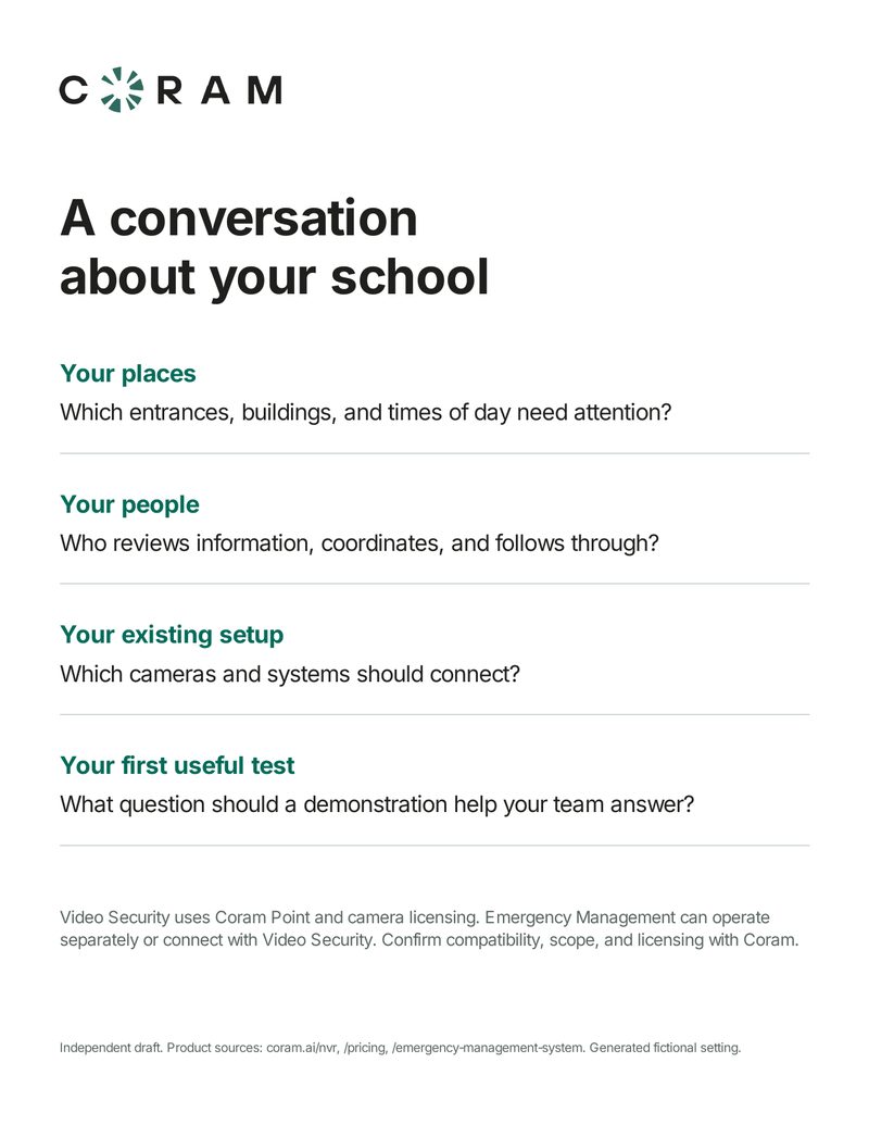 Leave-behind page 2: A conversation about your school. Your places, your people, your existing setup, your first useful test, with a licensing and compatibility note.