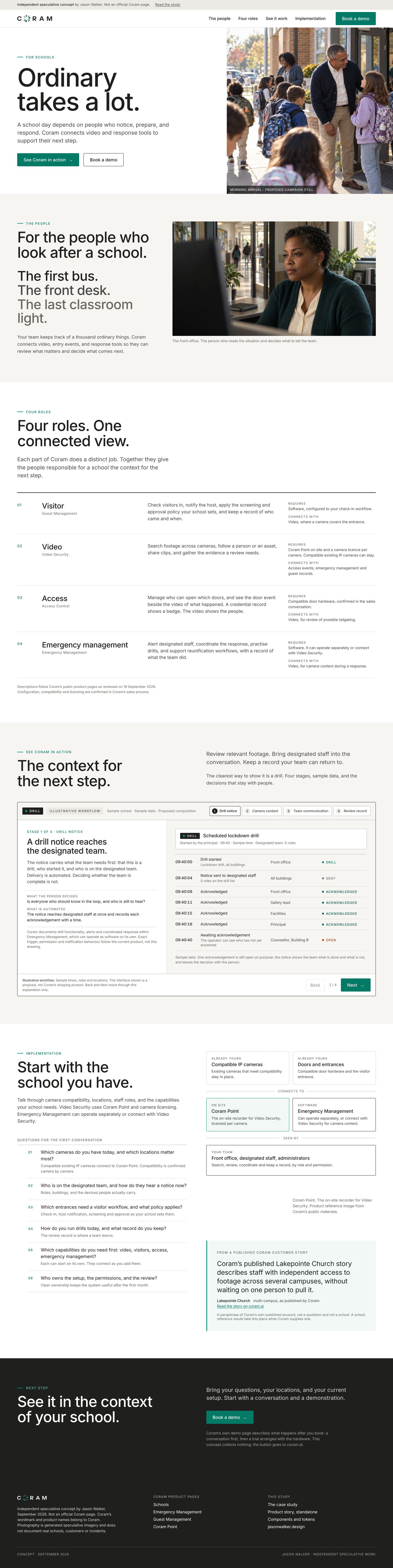 The school landing-page concept at 1440 pixels wide: the hero, the people, four roles as a ledger, the drill story, implementation and the demo close.