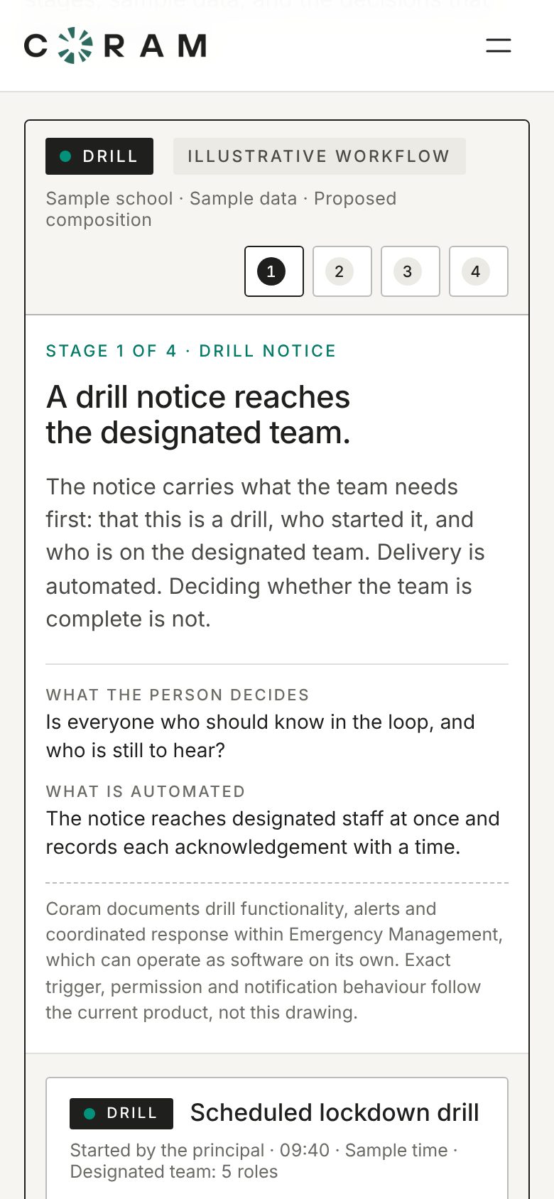 The school concept at 390 pixels wide: the drill story with its DRILL tag, stage buttons and the first stage.