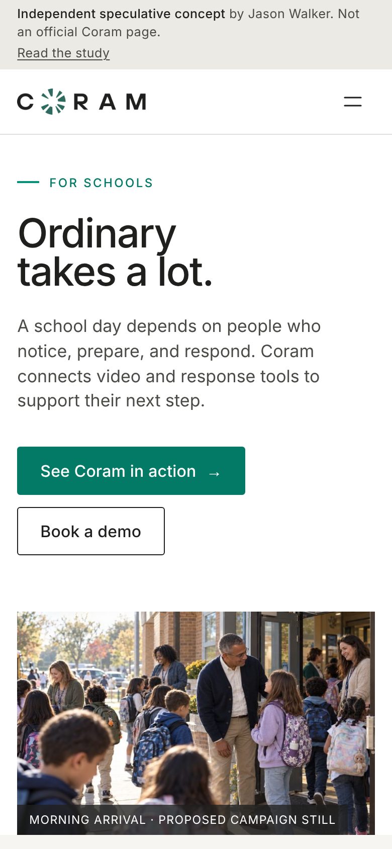 The school concept at 390 pixels wide: the hero with the line, the supporting copy and two actions above the arrival photograph.