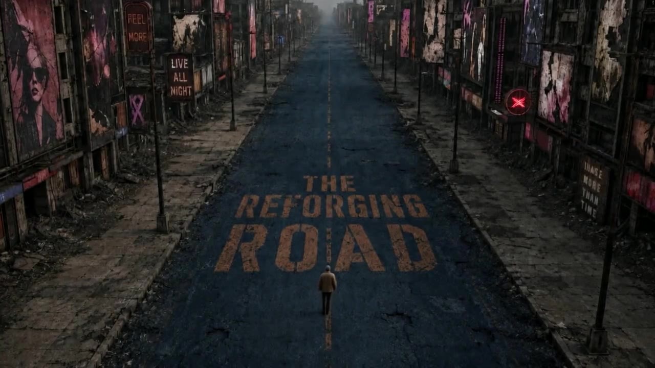 The Reforging Road painted across a worn city street, a lone walker in the distance.