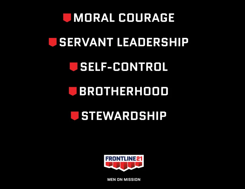 The back page: Moral Courage, Servant Leadership, Self-Control, Brotherhood, Stewardship, over the lockup and MEN ON MISSION