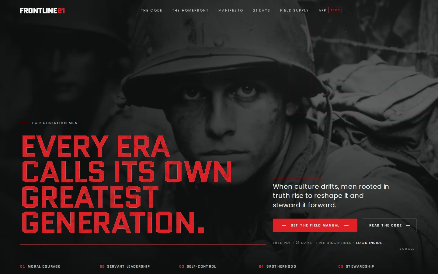 The frontline21.com homepage: EVERY ERA CALLS ITS OWN GREATEST GENERATION over a black and white photograph of a soldier