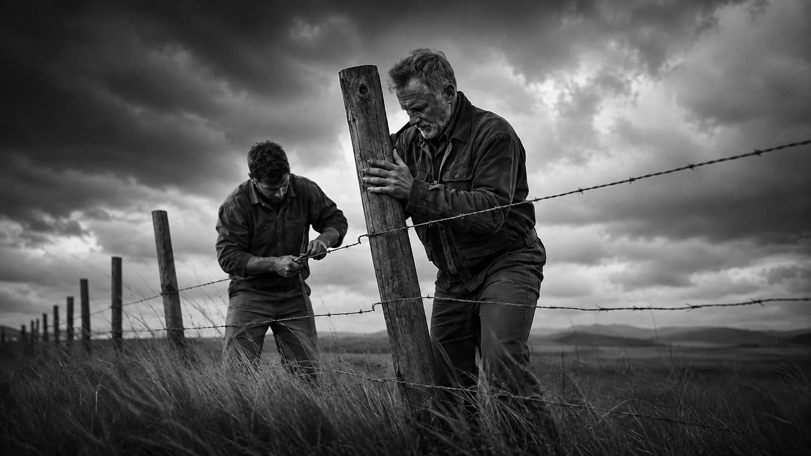 Two men set a fence post and stretch wire across an open field under a heavy sky