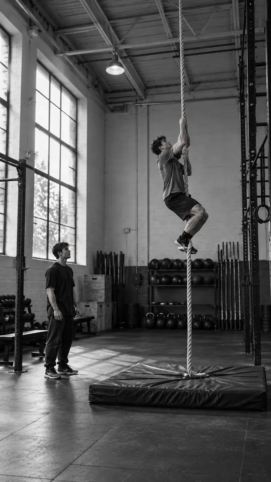 A young man climbs a rope in a gym while a friend watches from below