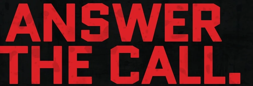 Close detail: ANSWER THE CALL. in red Quantico, the ink worn thin in places