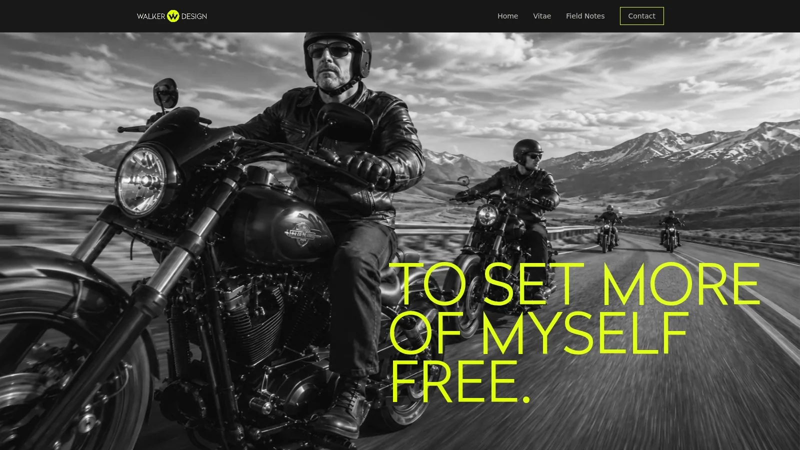 Riders on motorcycles on an open road through mountains, in black and white.
