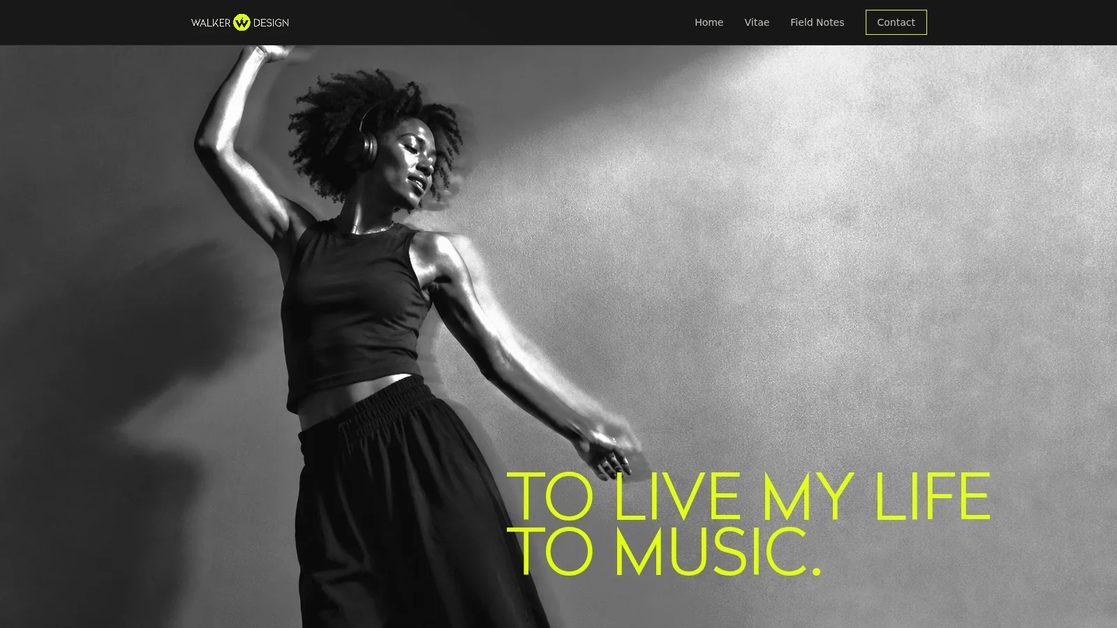 A woman dancing with headphones on, arms loose, in black and white.