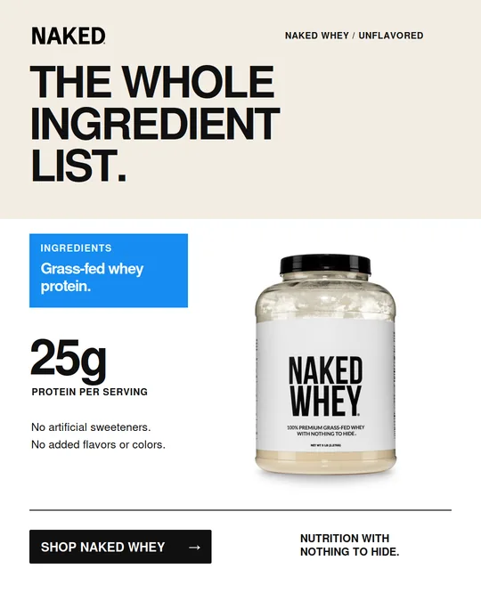 Paid social ad, variant A: the headline THE WHOLE INGREDIENT LIST in heavy uppercase, a blue ingredients panel reading grass-fed whey protein, the 25g protein per serving figure and the unflavored Naked Whey tub.