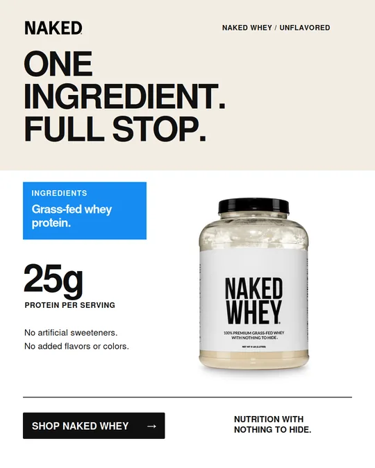 Paid social ad, variant B: the headline ONE INGREDIENT. FULL STOP. above the same blue ingredients panel, protein figure and unflavored Naked Whey tub.