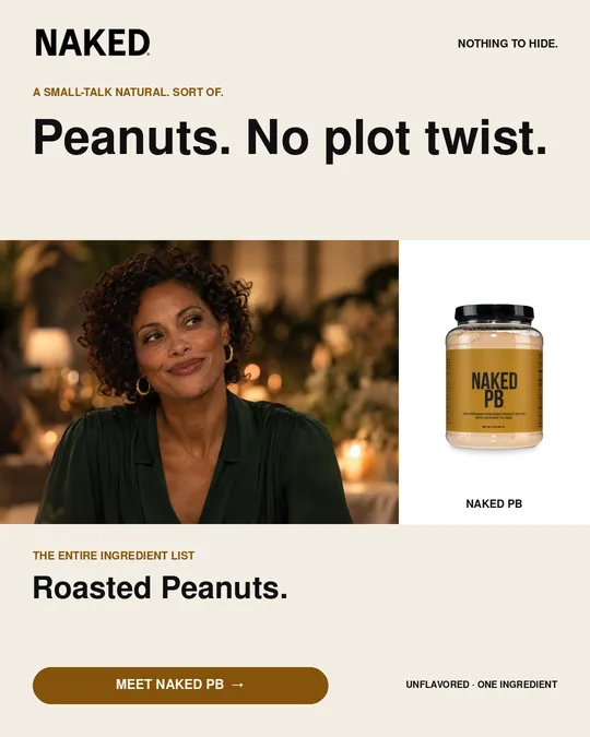 The same ad for The Dinner Party with variant B's headline, Peanuts. No plot twist.. Image, ingredient text and call to action are unchanged.