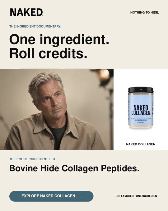 The same ad for The Documentary with variant B's headline, One ingredient. Roll credits.. Image, ingredient text and call to action are unchanged.