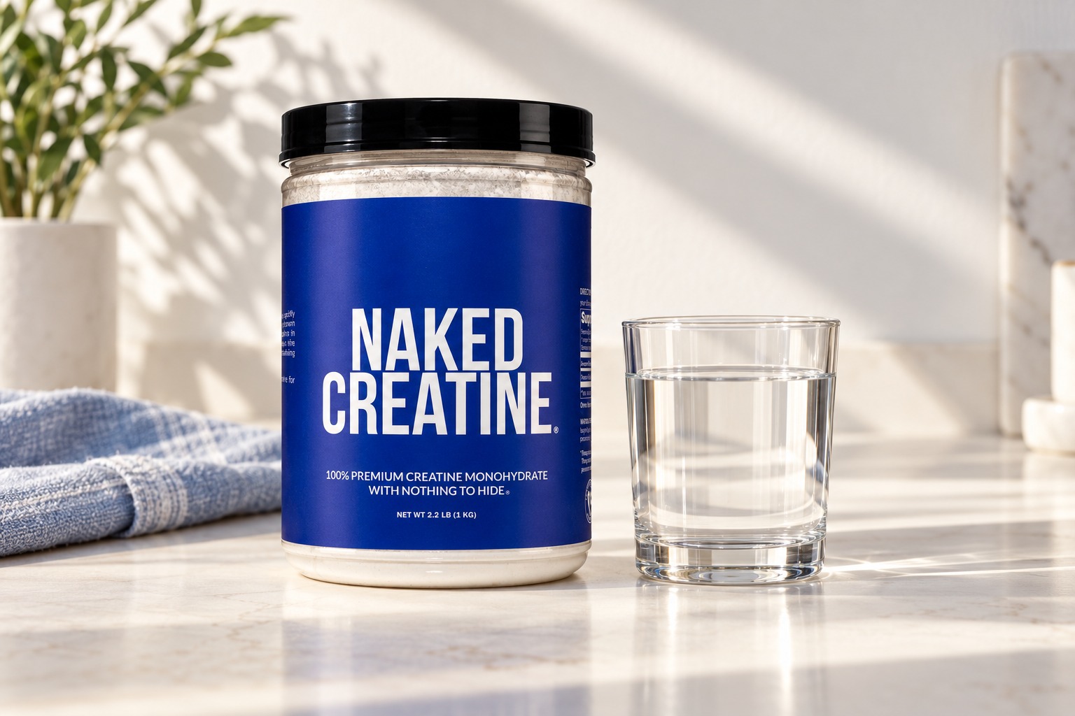 Unflavored Naked Creatine beside a glass of water in a sunlit kitchen