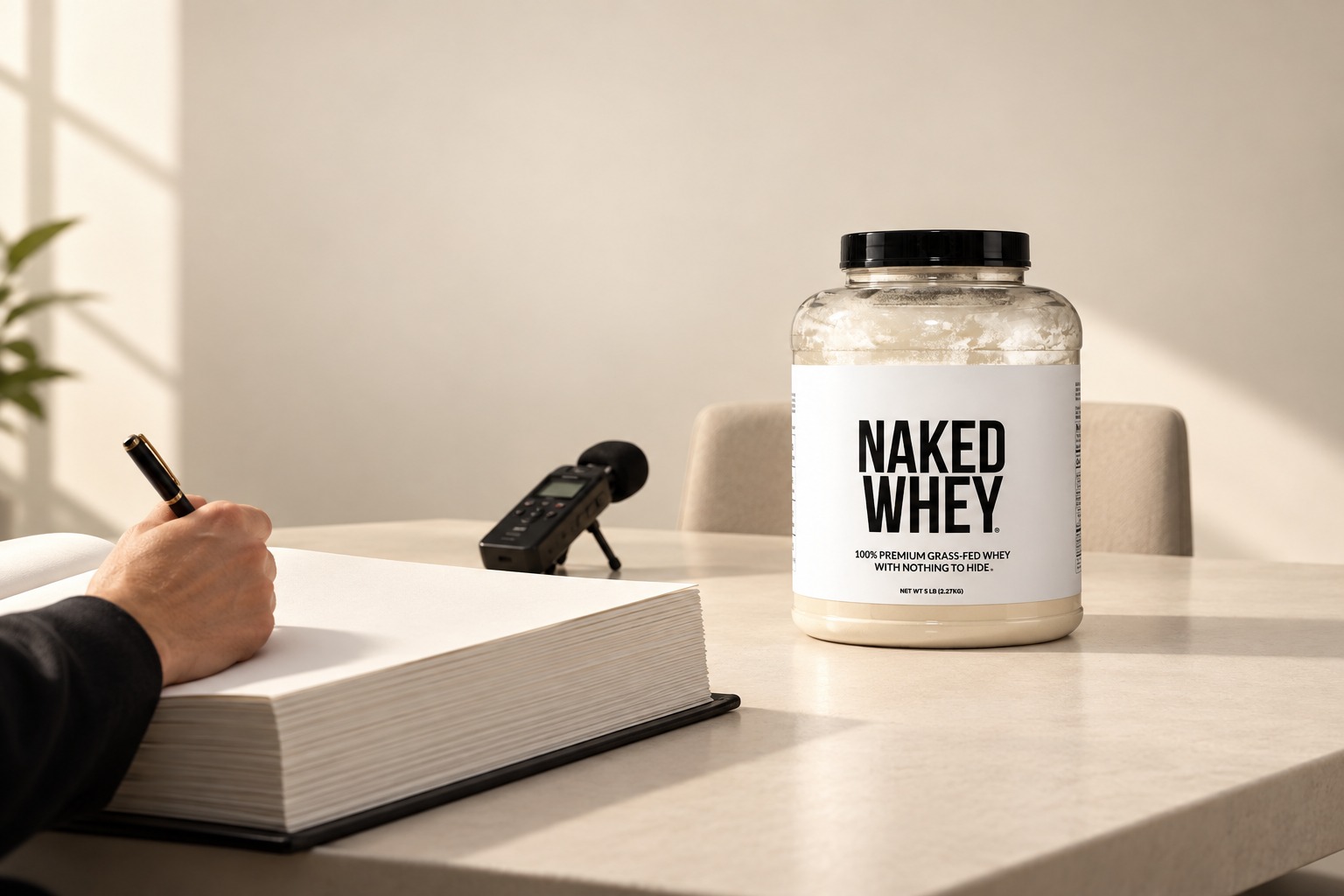 A tub of Naked Whey across the interview table from an unusually large blank notebook