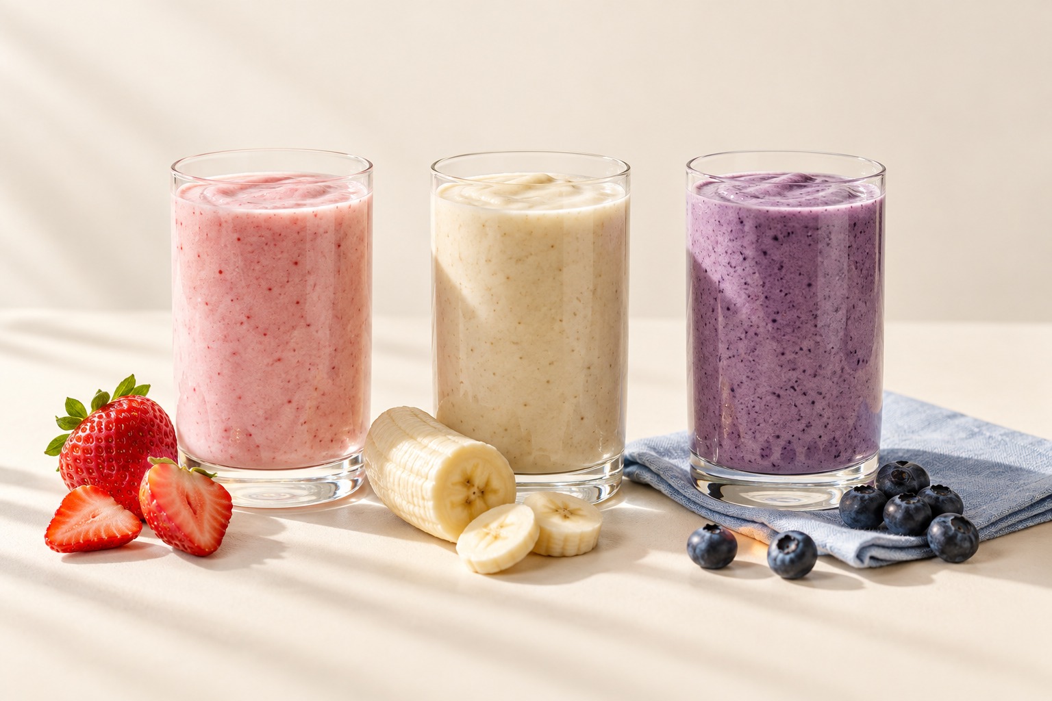 Serving inspiration: strawberry, banana and blueberry smoothies with fresh fruit
