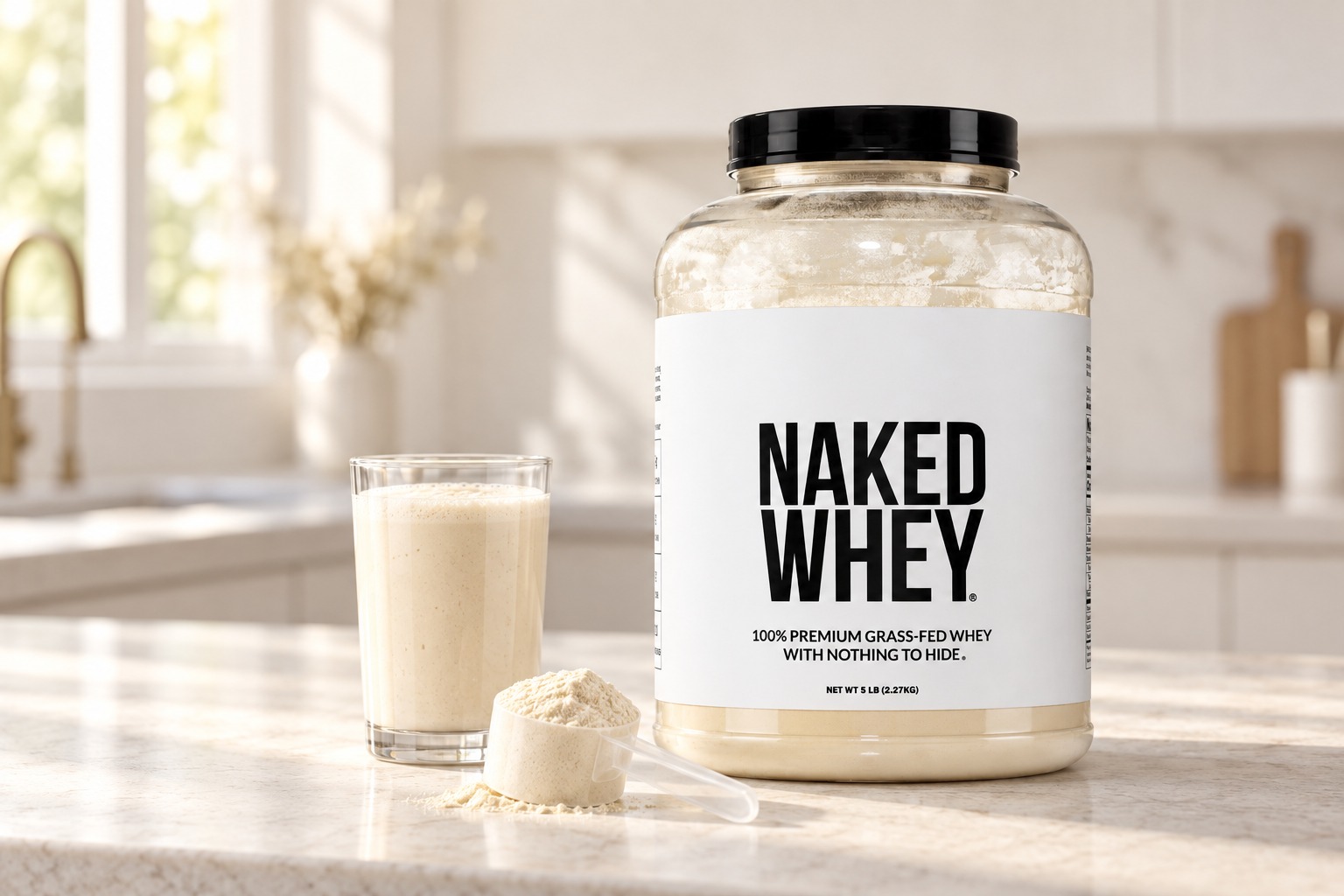 Unflavored Naked Whey in a sunlit kitchen with a prepared drink