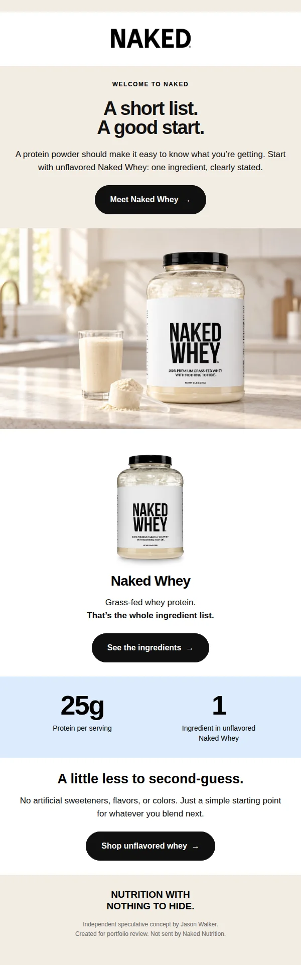 Welcome email: the Naked wordmark, the headline A short list. A good start., a kitchen photograph of unflavored Naked Whey, a 25g protein panel and two buttons to the product page.
