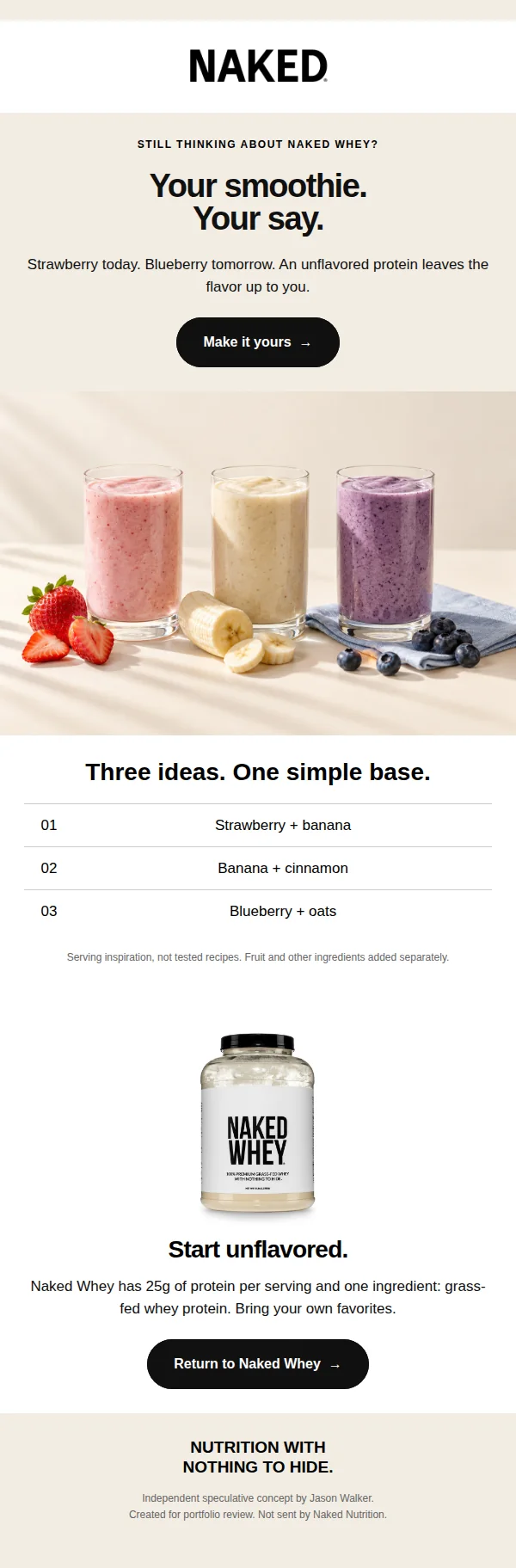Browse abandonment email: the headline Your smoothie. Your say., three fruit smoothies photographed side by side, and serving ideas above a button to unflavored Naked Whey.