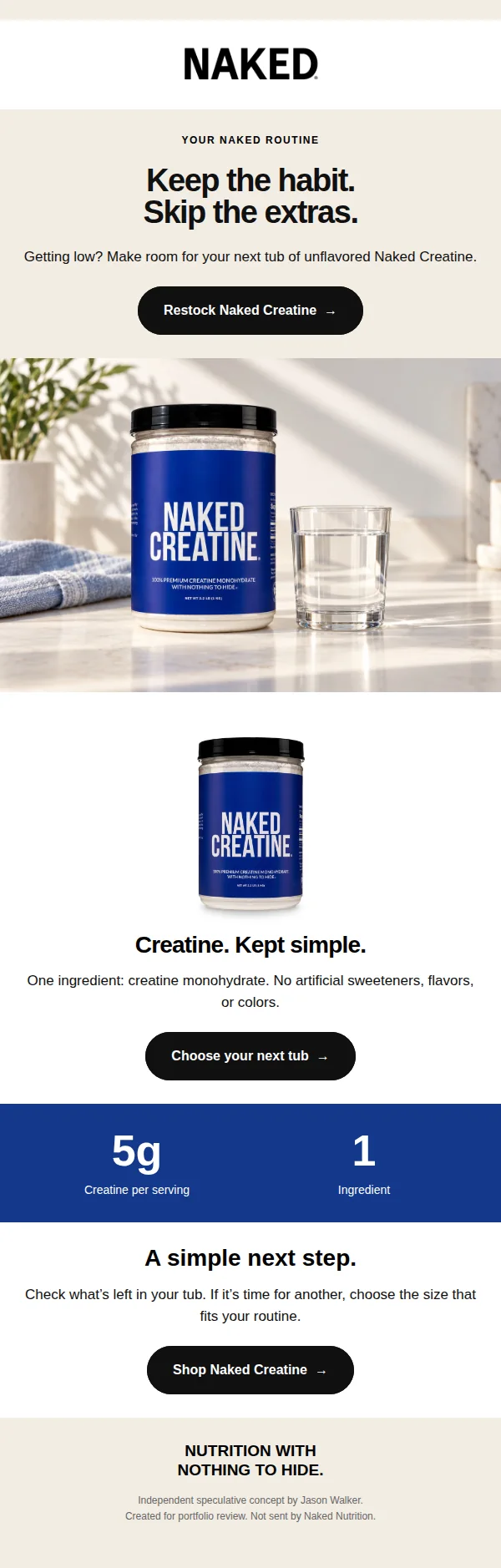 Replenishment email: the headline Keep the habit. Skip the extras., a kitchen photograph of Naked Creatine, the 5g per serving figure and a restock button.